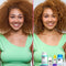 Woman with Curly red hair before and after using a k18 hair repair routine. 