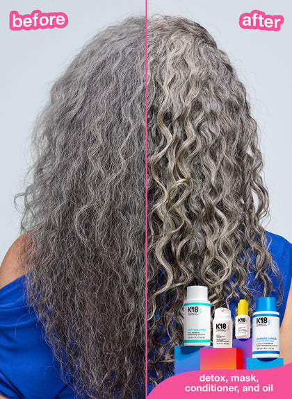 Curly grey hair before and after using k18 hair products. 