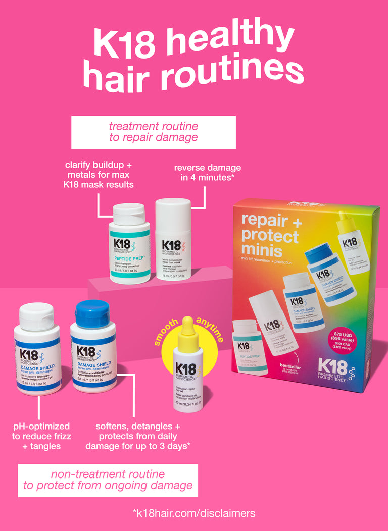 K18 healthy hair rountines with products beside box that says "repair + protect minis" on the front. 