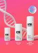 Mini, Full, and Jumbo size leave in molecular repair masks lined up next to each other on a pink background. 